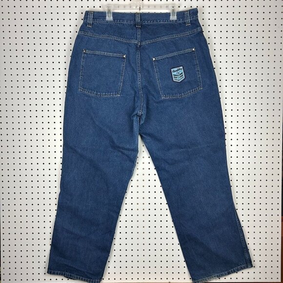 Rocawear Y2K Baggy Jeans 38x34 Blue Logo  Streetwear Skate Wide Leg Denim Patch - Picture 1 of 8